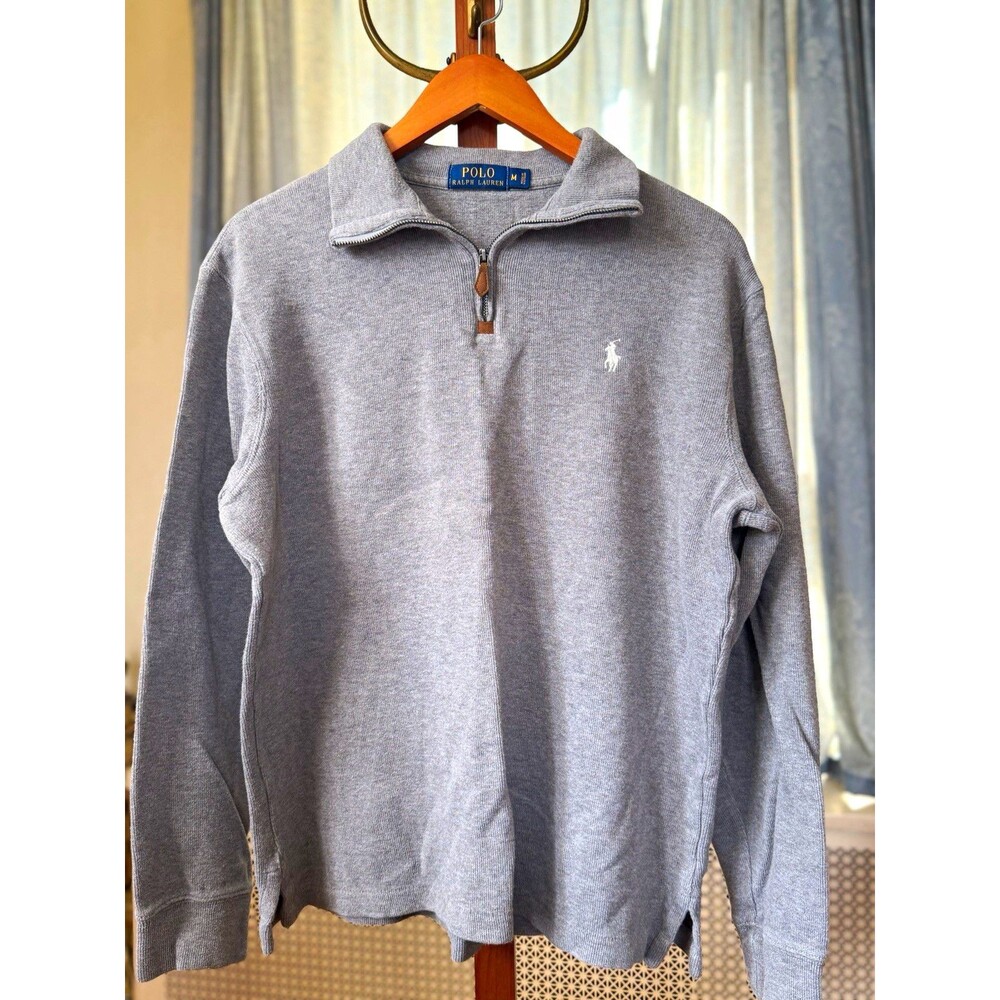 Polo Ralph Lauren Men’s M Gray Cotton Knit 1/4 Zip Mock Neck Logo Sweater